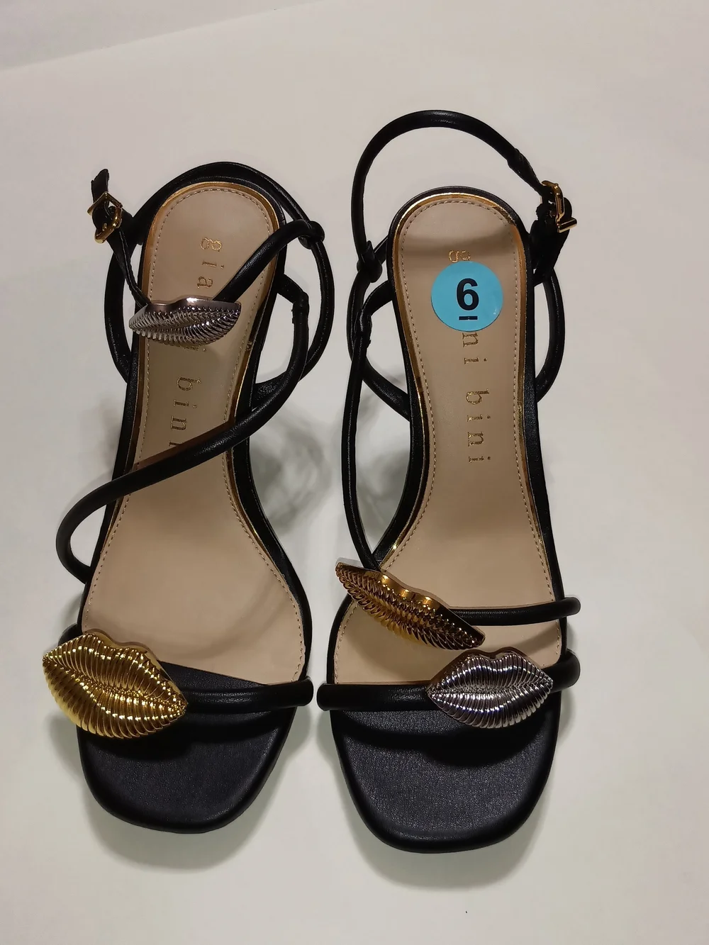 Gianni Bini Carletta Black Strappy Heels with Gold & Silver Lip Accents Size 6